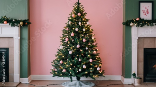 Christmas tree decorated in a cozy living room.