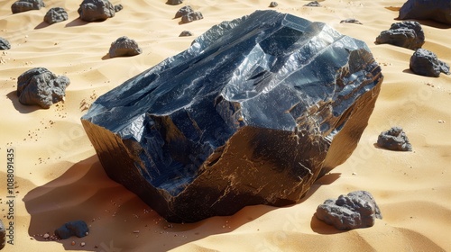 A large, shiny black rock rests on sandy terrain, surrounded by smaller stones under a bright, sunny sky. photo