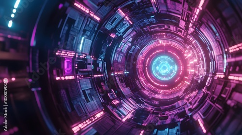 Futuristic digital tunnel with vibrant neon lights in blue and pink hues.