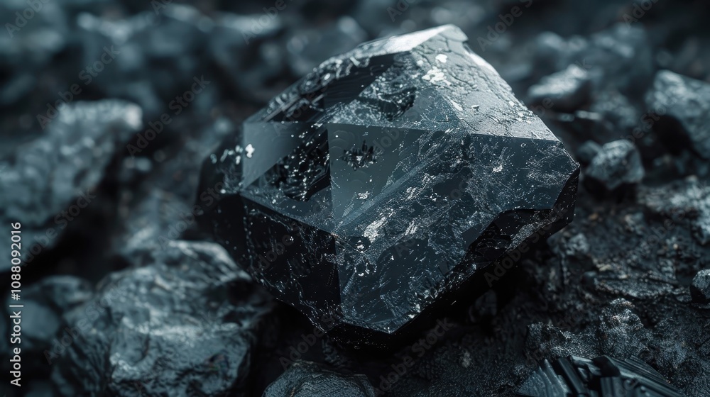 A dark, crystalline mineral sits among rough stones, showcasing sharp angles and a textured surface, highlighting its natural beauty and geological significance. A dark, crystalline mineral sits among rough stones, showcasing sharp angles and a textured surface, highlighting its natural beauty and geological significance.