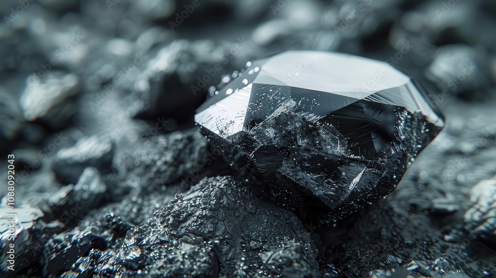 A close-up image of a shiny black crystal embedded in dark, textured material, highlighting its facets and reflections. A close-up image of a shiny black crystal embedded in dark, textured material, highlighting its facets and reflections.