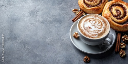 Freshly baked cinnamon and nut rolls accompanied by a cup of coffee for breakfast on a gray cement backdrop. Copyspace. Bakery items. photo