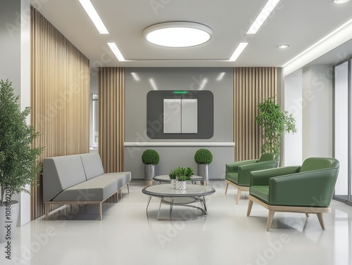 Modern Office Lobby With Green Chairs And Wooden Walls