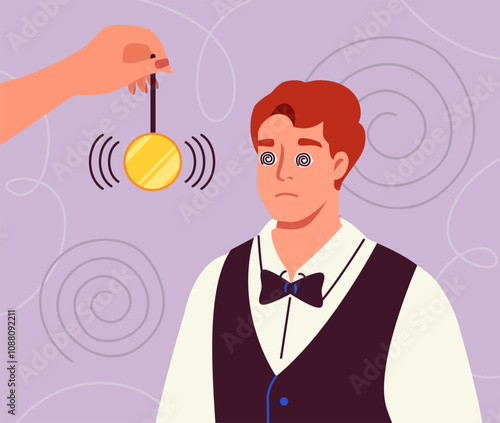 Man with manipulation. Young guy under hypnosis. Client with psychotherapist. Treatment of mental and psychological illnesses. Flat vector illustration