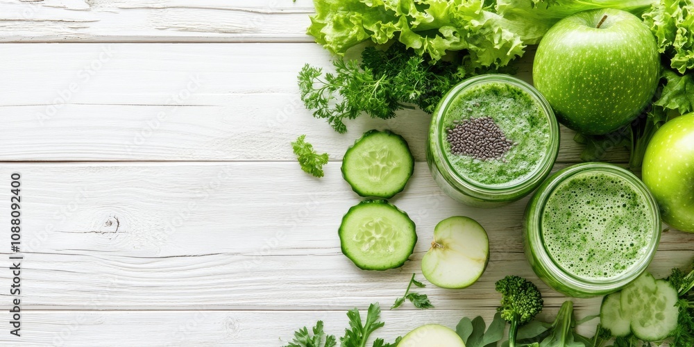 Obraz premium Detox diet. Green smoothie featuring various vegetables on a white wooden backdrop with copyspace. Healthy, low-calorie food for vegetarians, including salad, greens, green apple, chia, or flax seeds.