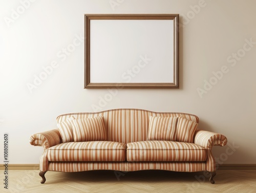 Elegant Striped Sofa and Blank Frame on Wall