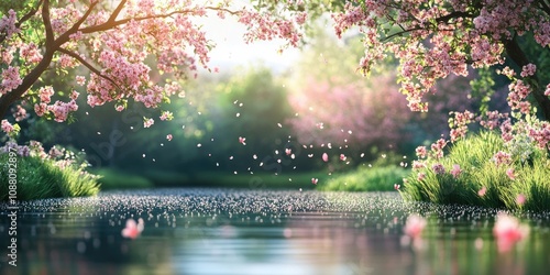 Flowering spring trees in the backdrop of the pond. The theme of blooming spring, pollen, and allergies.