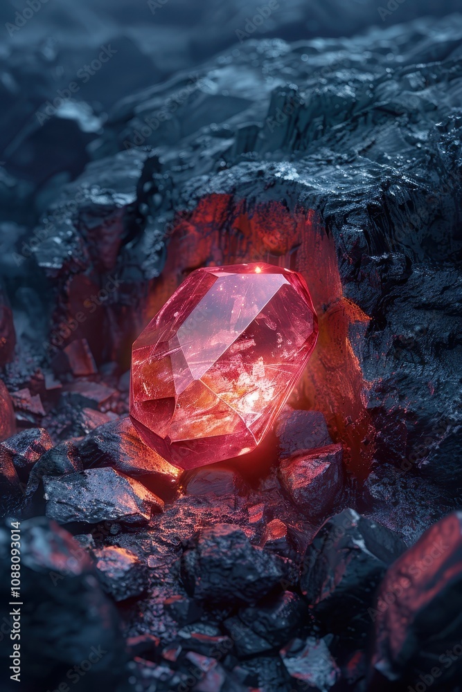 A glowing red gemstone embedded in dark, rocky terrain, radiating an ethereal light amidst rough textures. A glowing red gemstone embedded in dark, rocky terrain, radiating an ethereal light amidst rough textures.