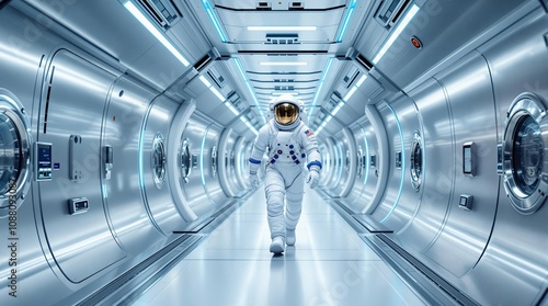 Fototapeta Naklejka Na Ścianę i Meble -  Futuristic space station with astronaut walking in high-tech corridor