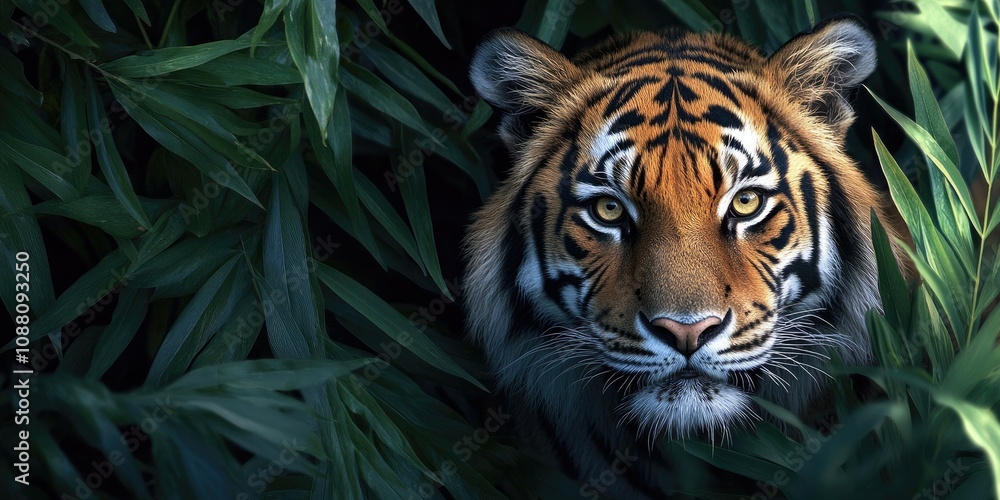 Tiger in the bushes. Background with selective focus and space for text. Tiger in the bushes. Background with selective focus and space for text.