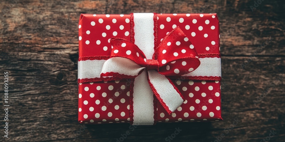 Obraz premium Red gift box featuring a white ribbon with red polka dots, set against a wooden background for Valentine's Day.
