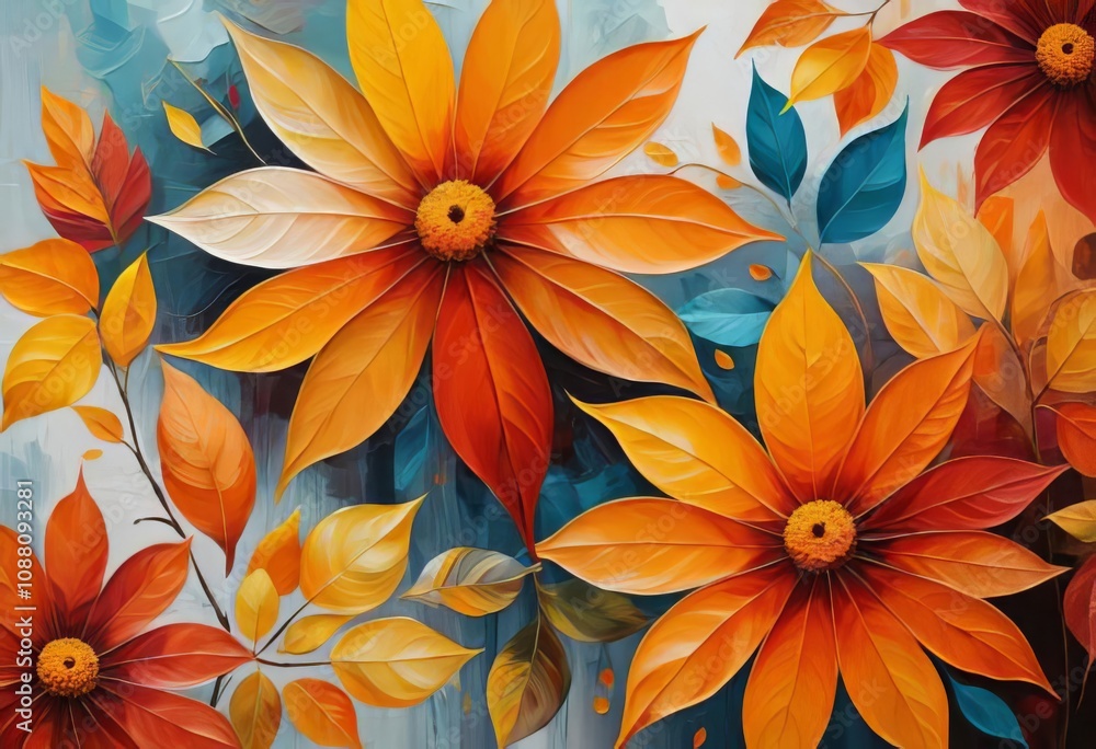 A vibrant oil painting of a flower with a mix of red, orange, and yellow leaves in the background. A vibrant oil painting of a flower with a mix of red, orange, and yellow leaves in the background.