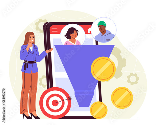 Woman SMM marketer. Young girl near funnel on smartphone screen. Promotion on Internet and social networks, advertising online. Social media influencer. Flat vector illustration