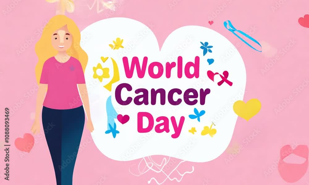 Animation of world cancer day over happy caucasian woman on pink background Animation of world cancer day over happy caucasian woman on pink background