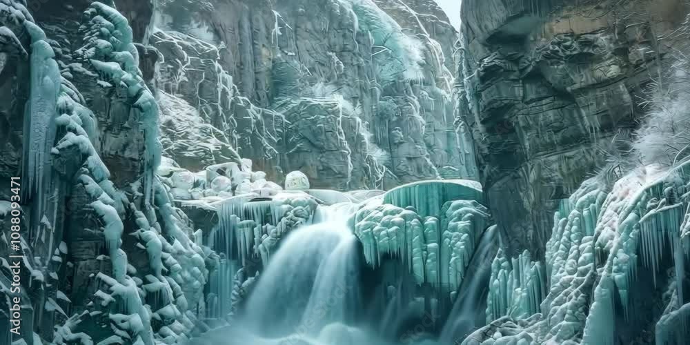 Frozen waterfall framed by icy cliffs, 4K Video