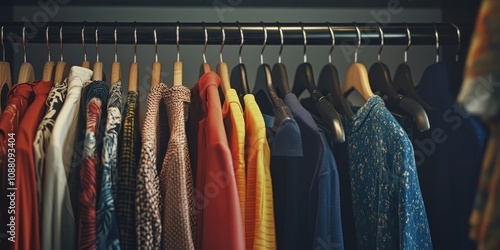 Wardrobe rack featuring fashionable clothing in the dressing room.