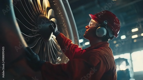 Technician inspecting aircraft engine.