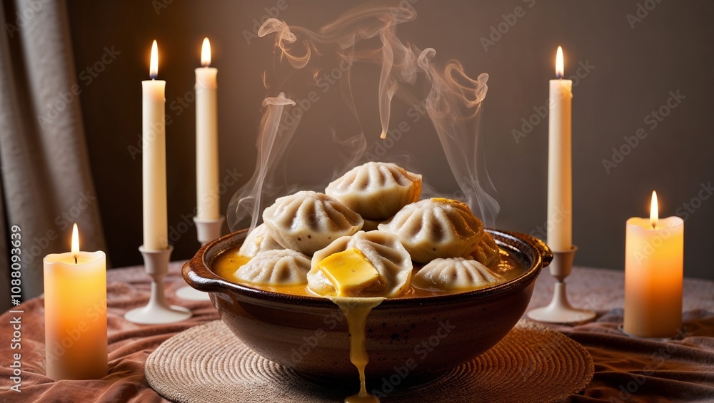 Obraz premium Steaming dumplings in a bowl with candles in a cozy setting.