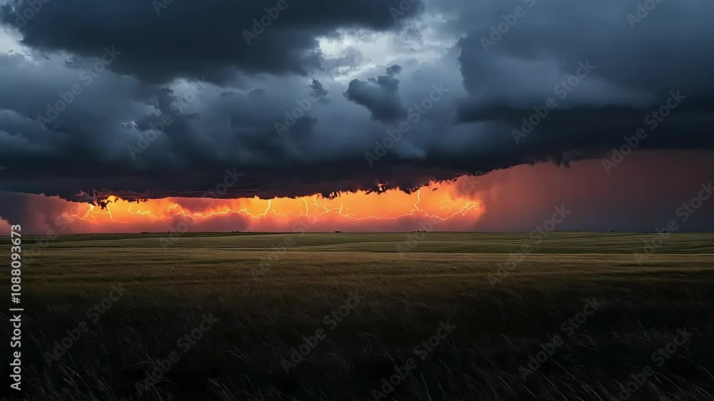 A dramatic landscape featuring a stormy sky with dark clouds, lightning strikes, and a vibrant sunset illuminating the horizon over a grassy field. A dramatic landscape featuring a stormy sky with dark clouds, lightning strikes, and a vibrant sunset illuminating the horizon over a grassy field.