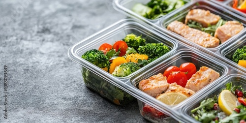 Lunch boxes filled with food prepared for work or school. Meal prepping or dieting idea. Copy space.