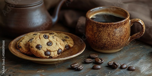 Cookies on a saucer beside a coffee mug and a turka for brewing coffee. photo