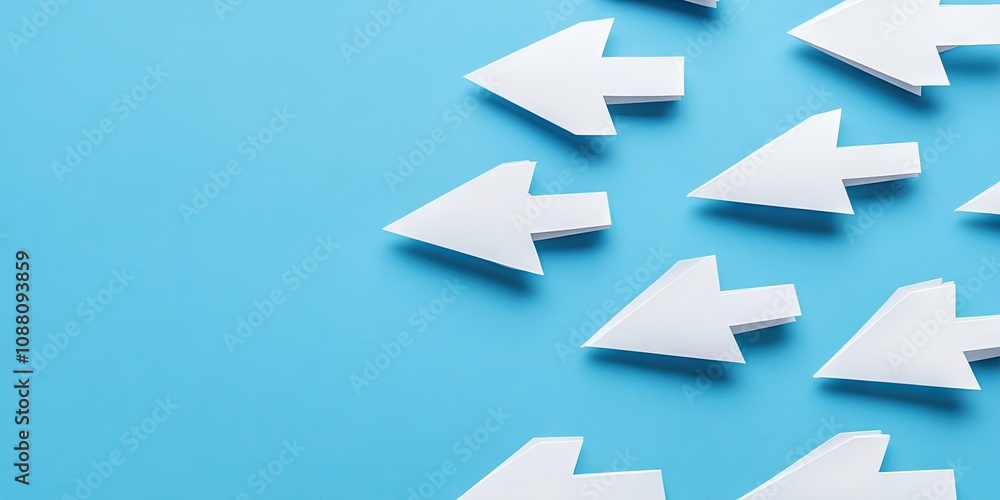 Close-up of white paper arrows, set against a light blue background. Close-up of white paper arrows, set against a light blue background.