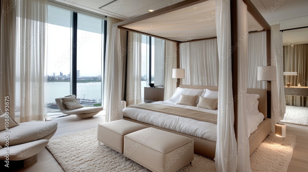 Luxurious Bedroom Suite Overlooking Cityscape Water View Luxurious Bedroom Suite Overlooking Cityscape Water View