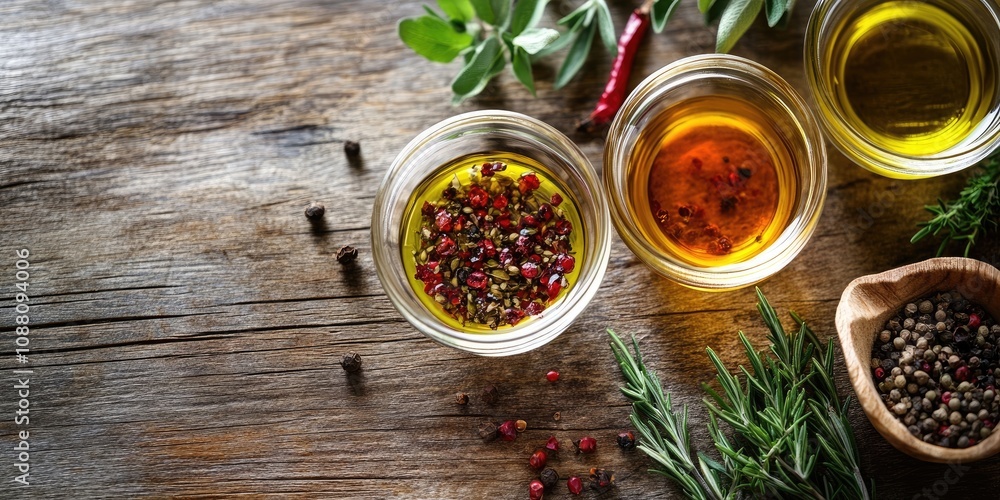 Oil, herbs, and spices on a wooden surface, close up. Oil, herbs, and spices on a wooden surface, close up.