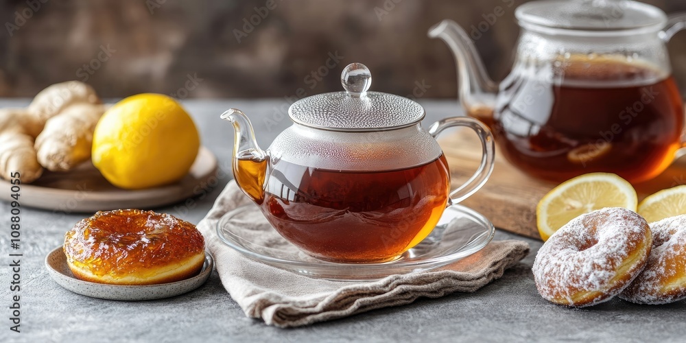 A teapot and a cup with a saucer of strong aromatic tea are on the table, accompanied by a napkin, ginger and lemon jam, and donuts. Horizontal photo. A teapot and a cup with a saucer of strong aromatic tea are on the table, accompanied by a napkin, ginger and lemon jam, and donuts. Horizontal photo.