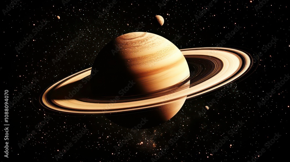 A detailed 3D rendering of Saturn, the ringed planet, in space, against a backdrop of twinkling stars.