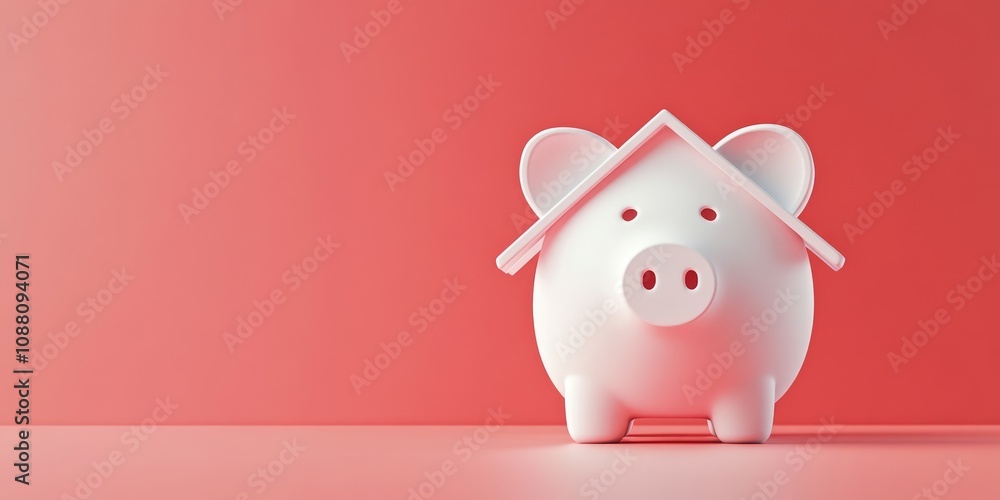 Fund, Investment, Saving money concept: Mock-up of a white piggy bank and house on a pink background with copyspace for text message - red pattern representing Bank and Saving, benefit concept. Fund, Investment, Saving money concept: Mock-up of a white piggy bank and house on a pink background with copyspace for text message - red pattern representing Bank and Saving, benefit concept.