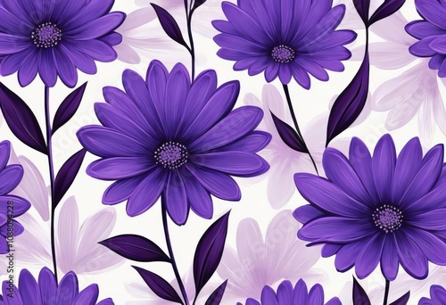 An abstract painting of purple flowers on a white background