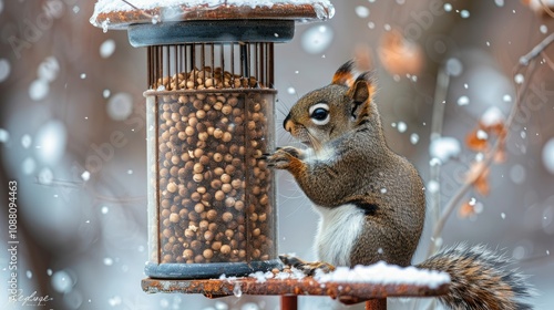 Squirrel feeding on seeds at bird feeder during snowfall.