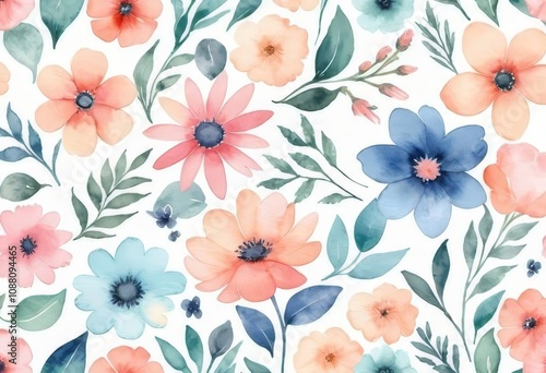 A seamless watercolor pattern with pastel colored flowers and leaves