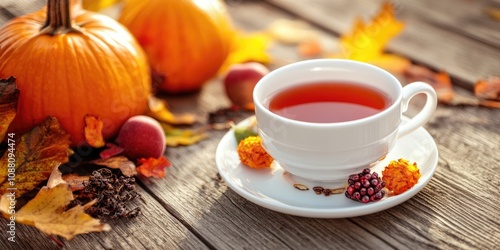 Cup of tea with autumn decorations on a wooden table.