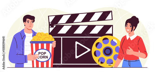 People with movie industry. Man with popcorn and woman with movie reel. Film industry and cinema production. Multimedia and cinematography. Flat vector illustration