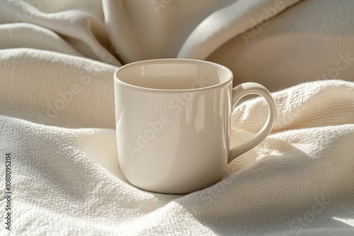 Cozy white ceramic mug resting on a soft bed with pillows and a blanket, basking in warm evening light in a minimalist setting