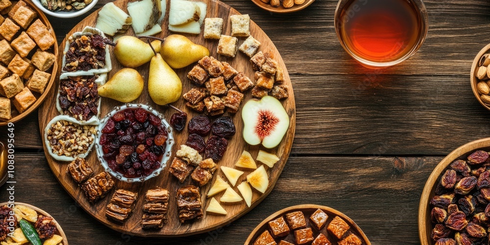 A combination of Turkish sweets, nuts, and dried fruits such as pears, figs, and pineapples arranged on a wooden platter. Sweet tea served in glasses on the table. Flat view of oriental sweets A combination of Turkish sweets, nuts, and dried fruits such as pears, figs, and pineapples arranged on a wooden platter. Sweet tea served in glasses on the table. Flat view of oriental sweets
