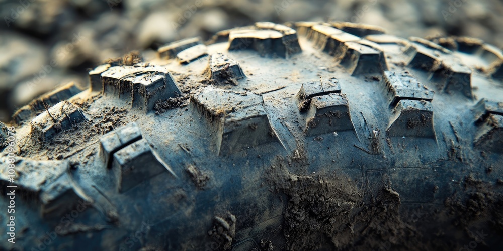 Old, worn, weathered, abandoned, and dirty texture of a used MTB bicycle tire, close-up with selective focus blur and copy space background.