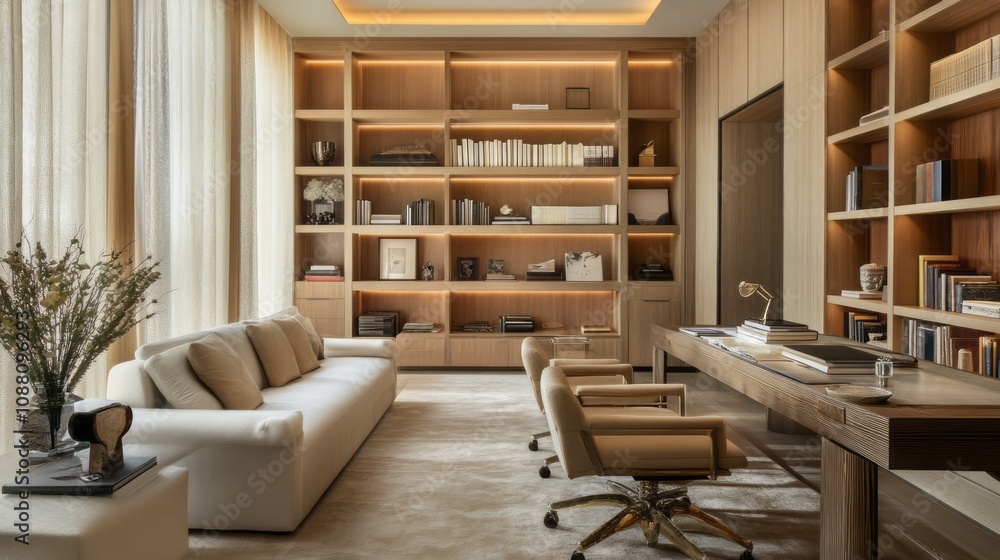 Modern Home Office With Built In Wooden Bookshelves Modern Home Office With Built In Wooden Bookshelves