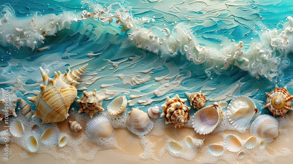 Seashells and Ocean Waves Meet at a Serene Sandy Beachfront Seashells and Ocean Waves Meet at a Serene Sandy Beachfront