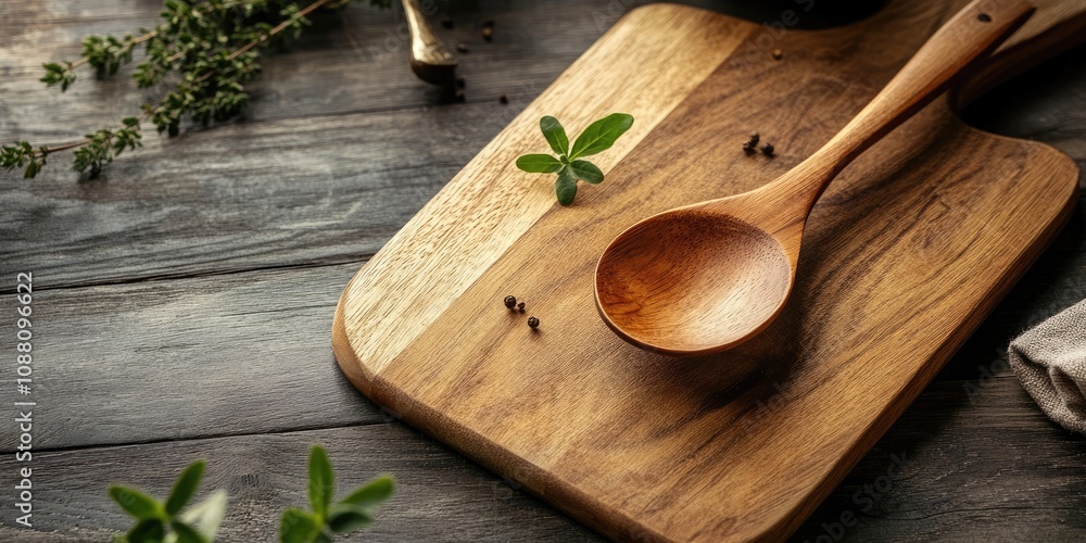 wooden spoon on cutting board with table backdrop wooden spoon on cutting board with table backdrop