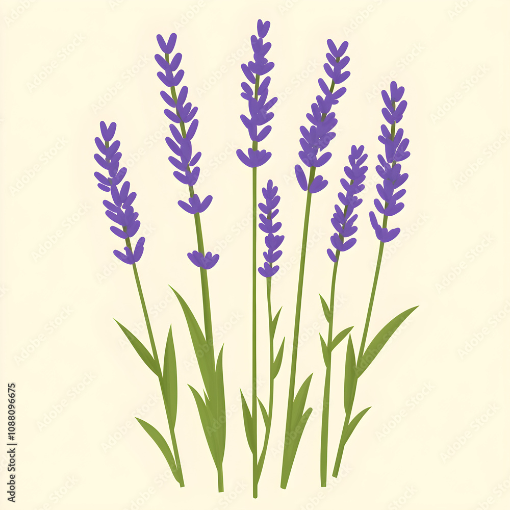 Fototapeta premium Stylized lavender stalks with flat purple flower spikes and green stems