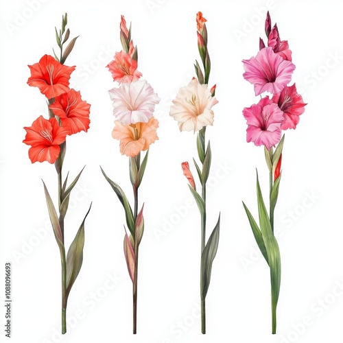Wallpaper Mural Four Gladiolus Flowers Red Peach Cream Pink Floral Illustration Torontodigital.ca