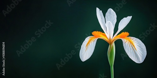 Closeup of a white and orange African iris, also known as Fortnight lily or Morea iris. The flower stands alone against a dark green background. Copy space. Wallpaper. Dietes iridioides. photo