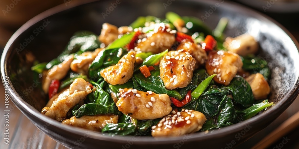 Chinese cuisine featuring healthy spinach and chicken stir-fried for comfort. Chinese cuisine featuring healthy spinach and chicken stir-fried for comfort.