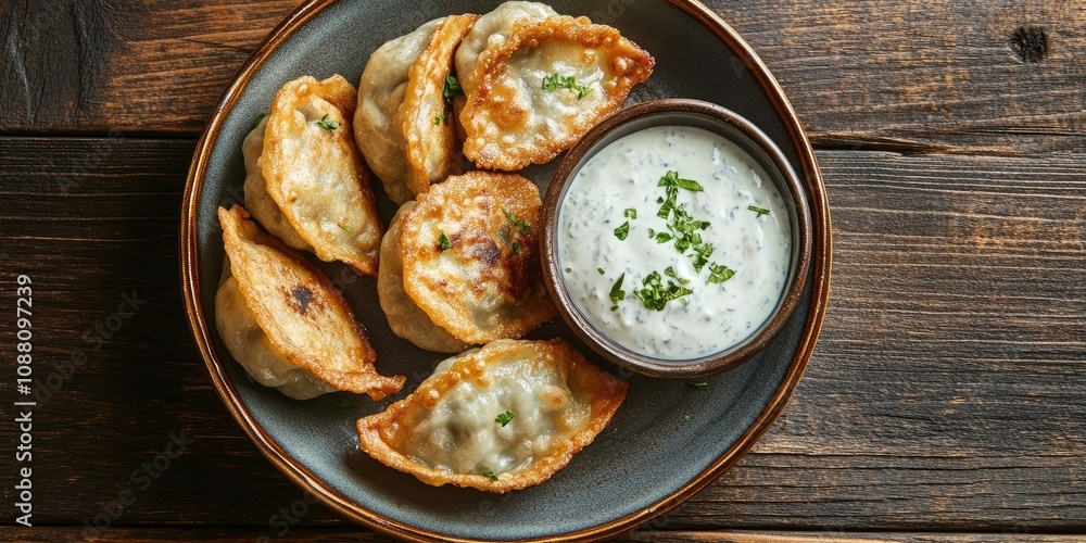 A plate of fried dumplings accompanied by a small bowl of yogurt dip is placed on a wooden table. A plate of fried dumplings accompanied by a small bowl of yogurt dip is placed on a wooden table.