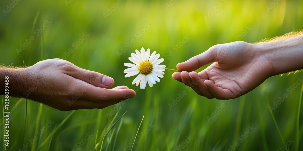 Female and male hands holding a daisy flower in front of a blurred green grass background. Female and male hands holding a daisy flower in front of a blurred green grass background.
