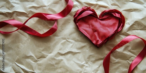 Heart made of red satin ribbon placed on craft wrapping paper.