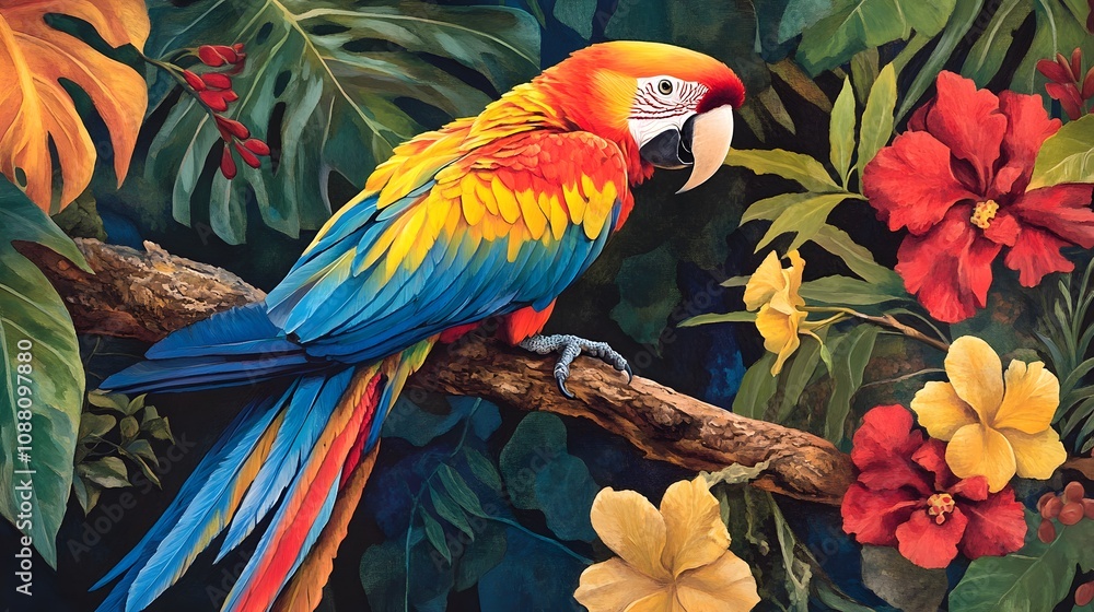 Fototapeta premium A brightly colored macaw perched on a branch, with tropical leaves and flowers in the background.